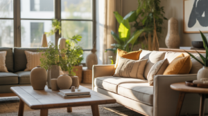 Salon moderne lumineux et réaliste avec décoration chaleureuse, matériaux naturels et ambiance authentique.
