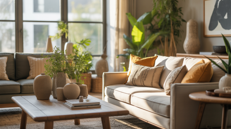 Salon moderne lumineux et réaliste avec décoration chaleureuse, matériaux naturels et ambiance authentique.