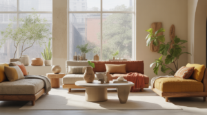 Salon lumineux et naturel avec mobilier contemporain, matières organiques et détails réalistes illustrant les tendances déco 2026.
