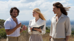 Scène réaliste en plein air montrant trois personnes incarnant les signes d'air, sur une colline venteuse avec une ville au loin.