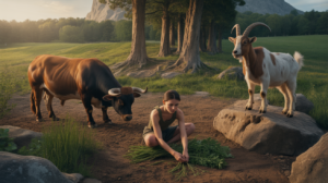 Paysage naturel évoquant les signes de terre avec un taureau, une personne récoltant des herbes et un bouquetin dans un décor réaliste.