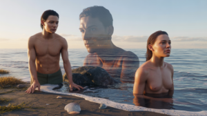 Scène côtière réaliste au lever du soleil représentant trois personnes incarnant Cancer, Scorpion et Poissons par leurs émotions et attitudes.