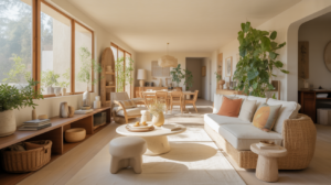 Salon lumineux et naturel illustrant les tendances déco 2026 avec matériaux organiques, formes courbes et ambiance chaleureuse.