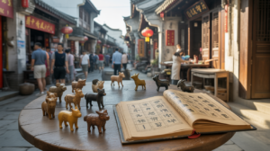Scène réaliste d’une rue traditionnelle chinoise au lever du soleil, avec des figurines du zodiaque chinois et un almanach ancien sur une table.